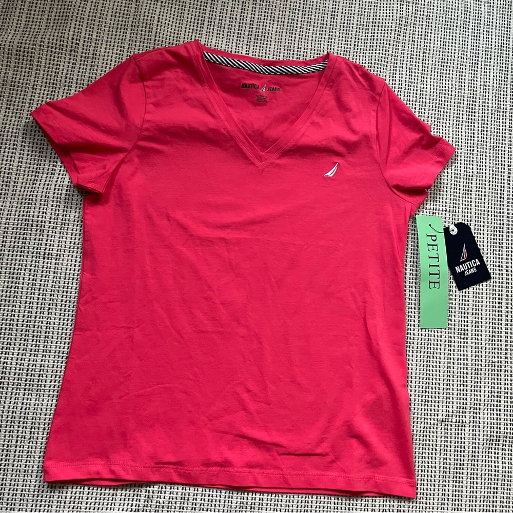 NAUTICA JEANS Pink Petite Short Sleeve Vneck Chest Logo Activewear Top Small